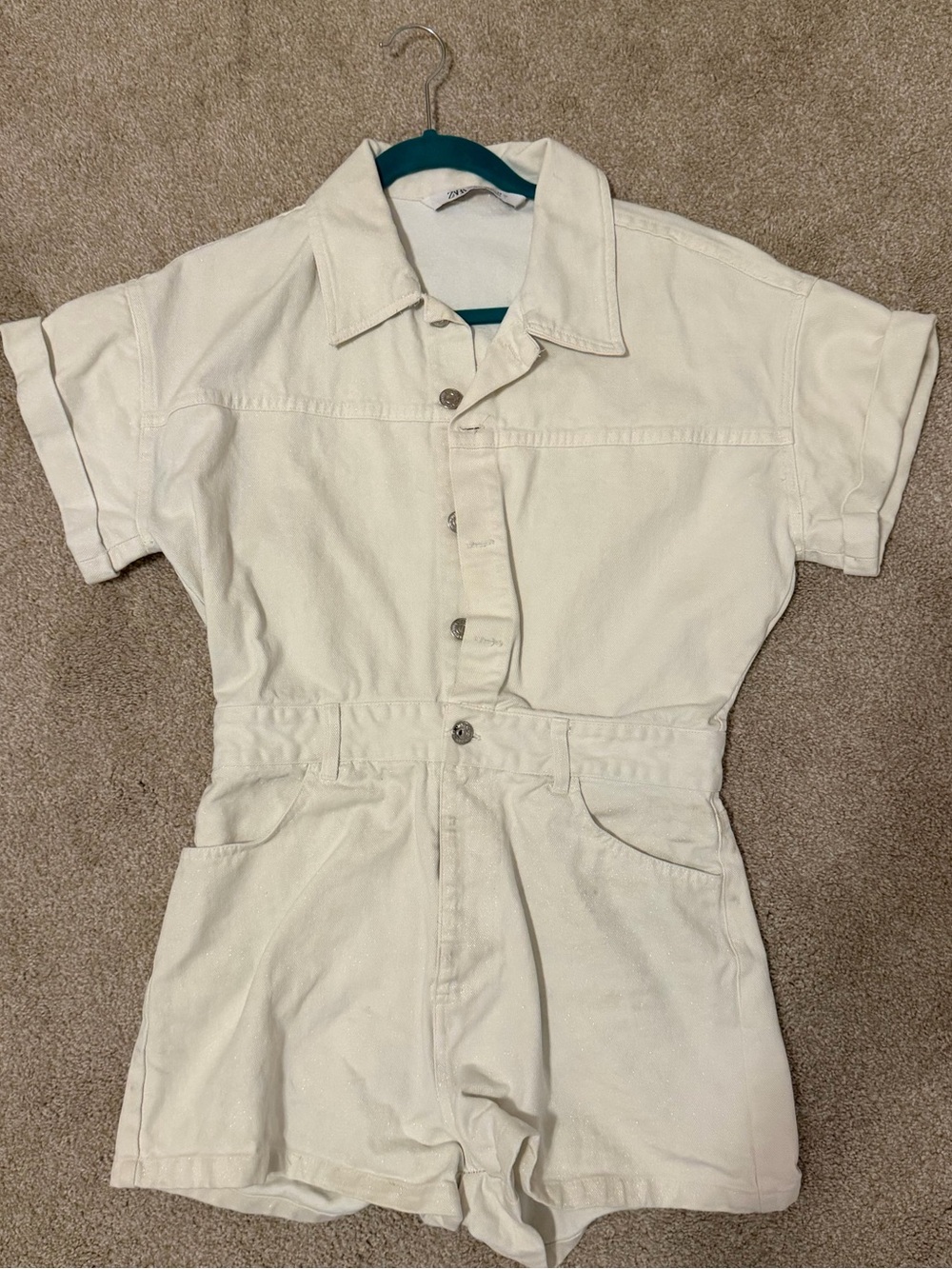 Zara Cream Short-Sleeve Denim One-Piece Romper